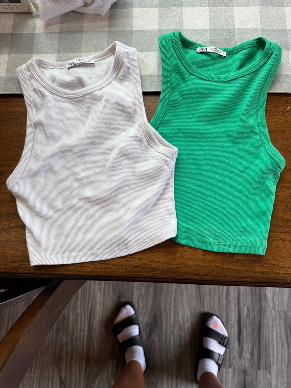Zara White & Green Ribbed Tank Tops